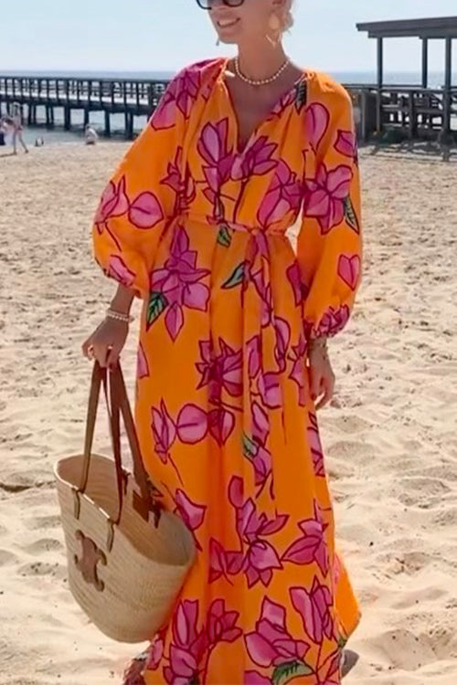 V Neck Long Sleeves Tie Waist Floral Maxi Holiday Dress