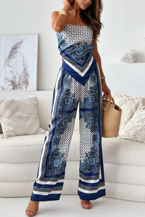 Tie Knot Backless Cami Top Wide Leg Pants Printed Set