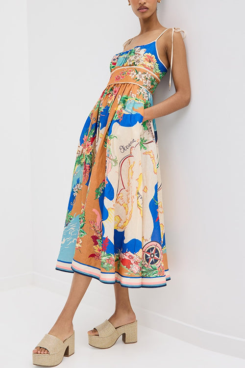 Tie Shoulder Pocketed Unique Print Midi Vacation Cami Dress