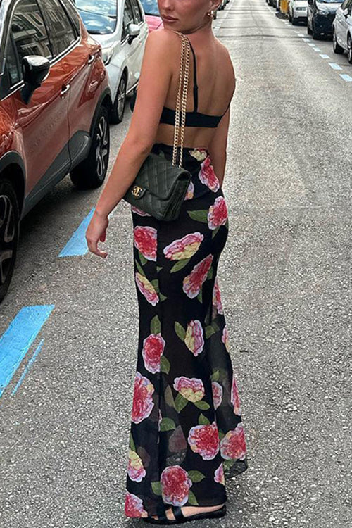 Floral Print Mesh Maxi Fishtail Skirt