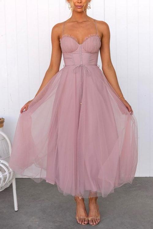 Backless Tie Waist Mesh Swing Maxi Cami Dress