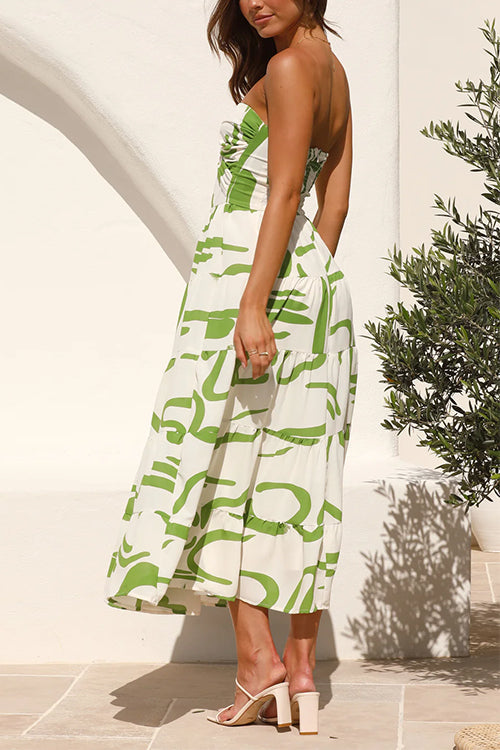Strapless Twist Front Abstract Print Tiered Midi Dress