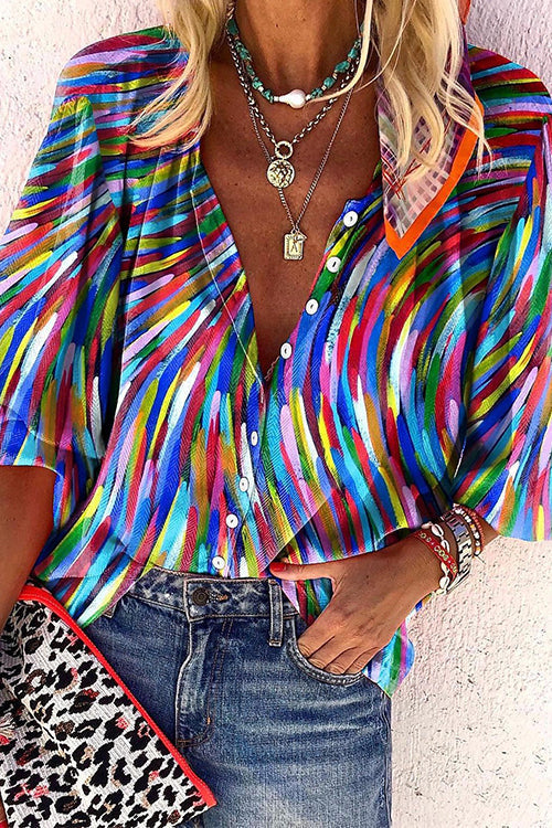 V Neck Button Down Contrast Print Blouse Shirt Blue