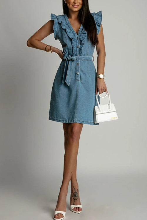 V Neck Button Up Tie Waist Ruffle Trim Denim Dress