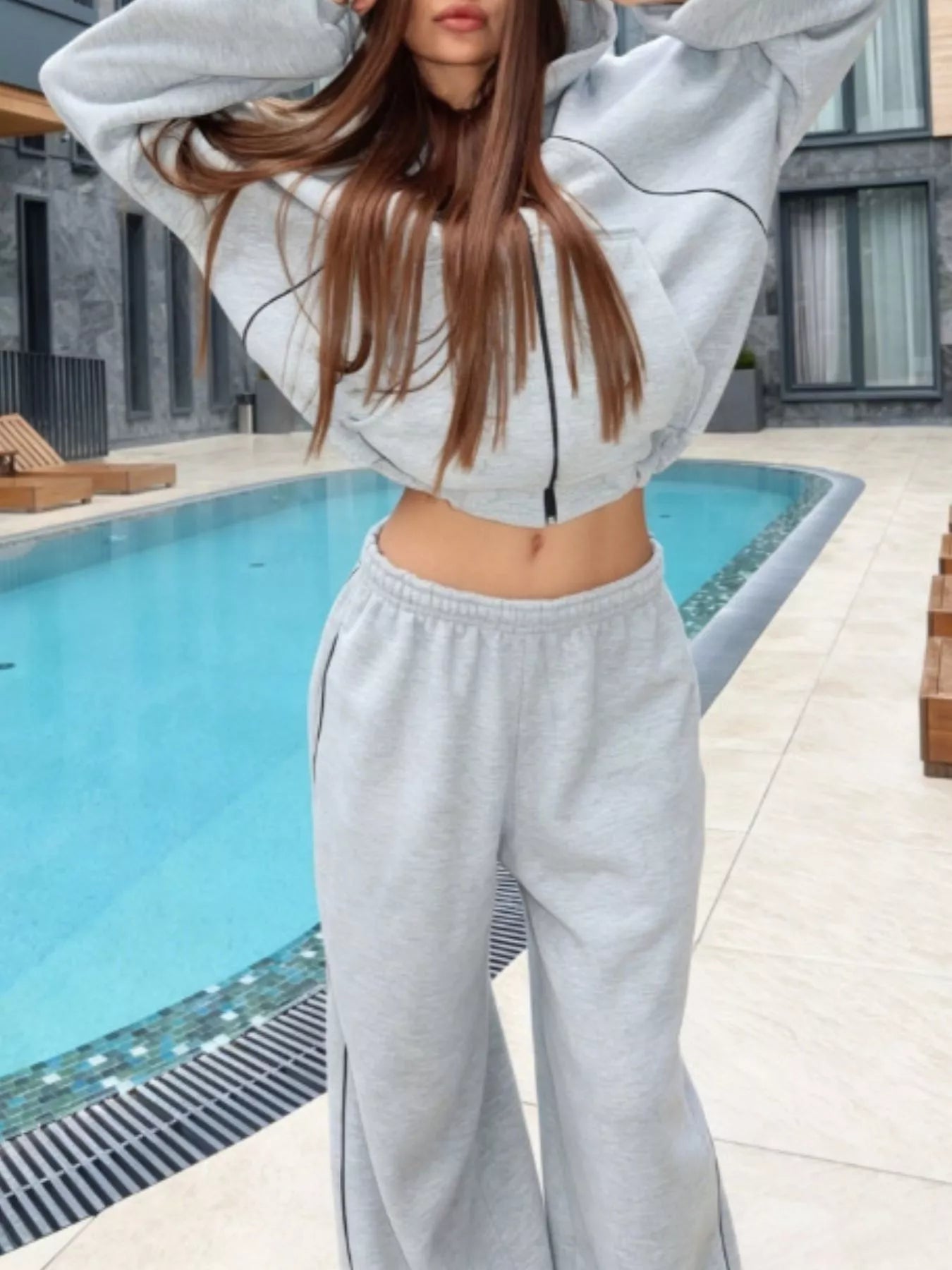 Cropped Zip-Up Hoodie and Wide-Leg Sweatpants Lounge Set