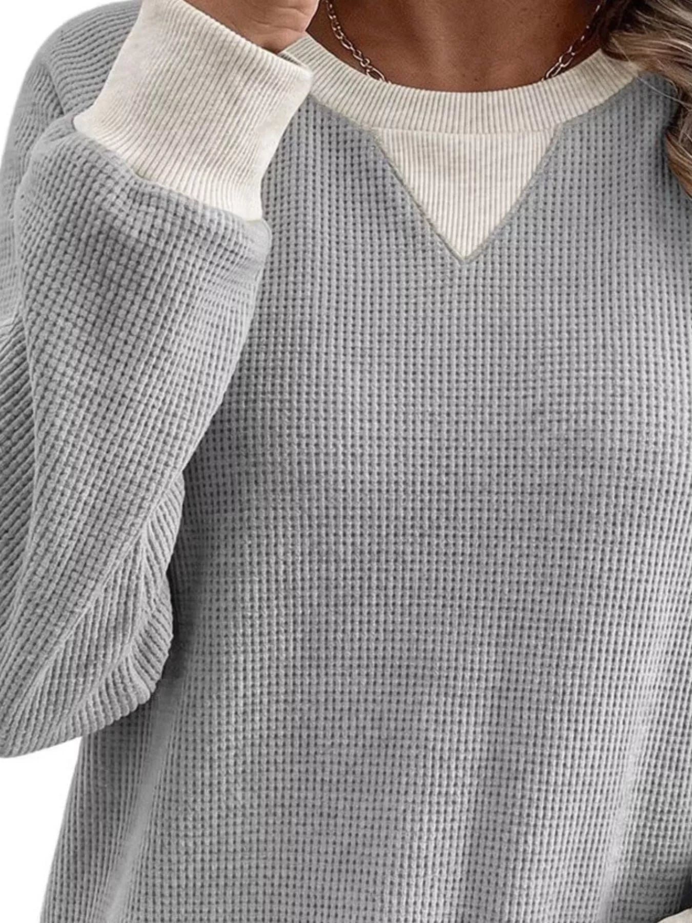 Waffle Knit Crew Neck Long Sleeve Sweatshirt