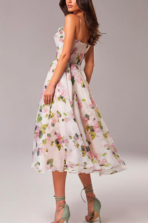 Adjustable Strap Waisted Floral Swing Midi Holiday Dress