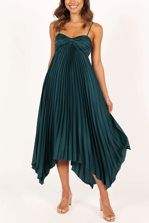Spaghetti Strap Irregular Hem Pleated Swing Midi Dress Green
