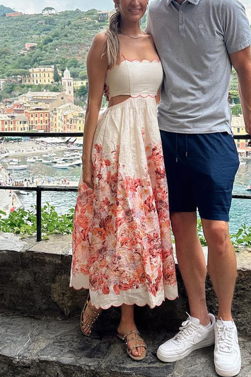 Back Lace-up Cut Out Floral Print A-line Maxi Cami Dress