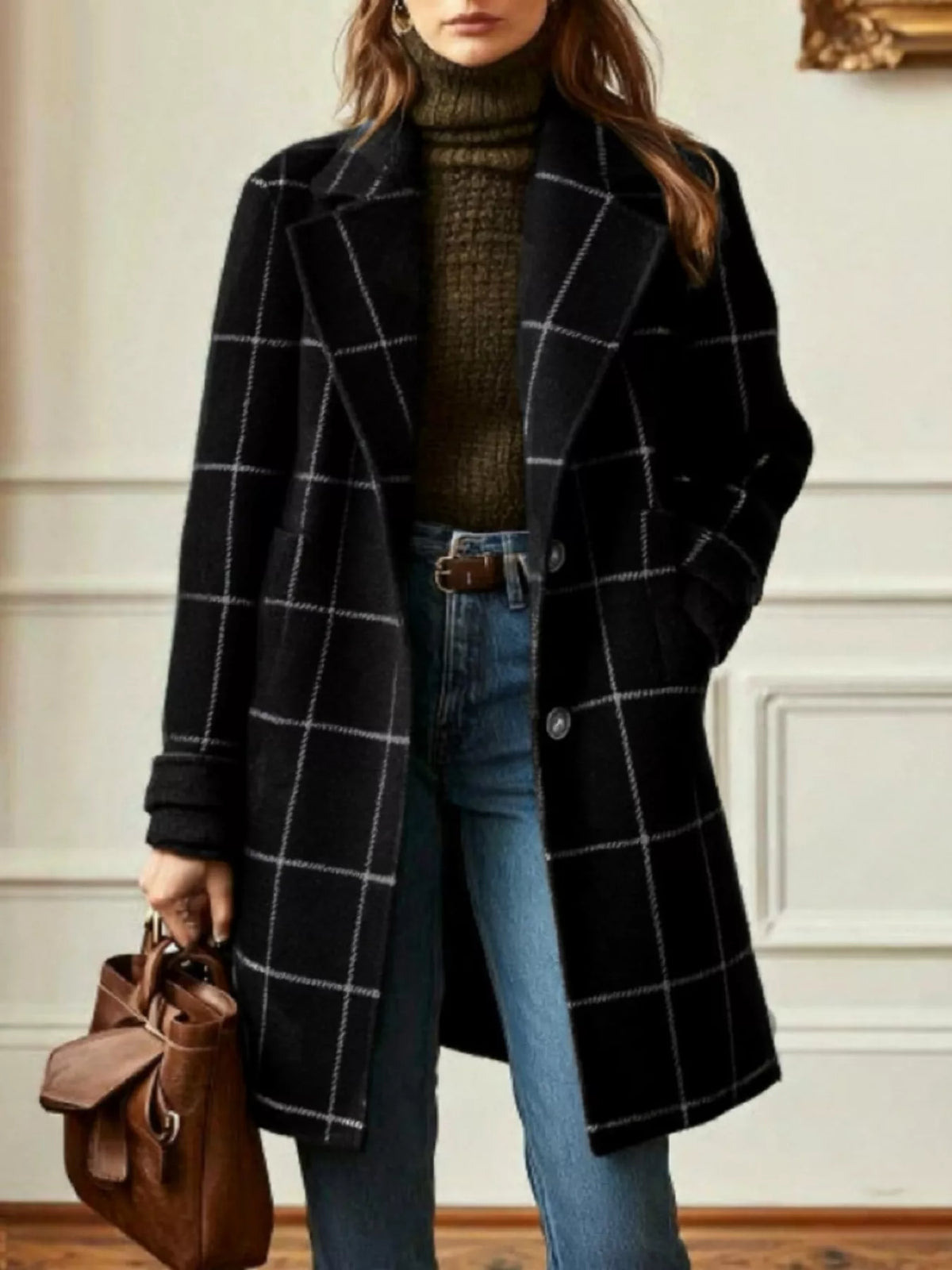 Plaid Lapel Longline Overcoat | Plus Size