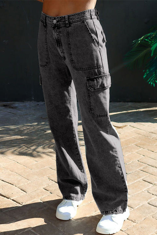 Distressed Pockets Denim Cargo Pants Black