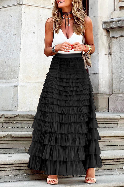 Ruffle Layered Mesh A-line Long Tulle Skirt Black