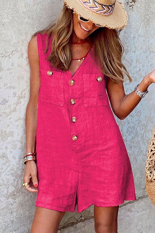 V Neck Buttons Wide Leg Tank Romper HotPink