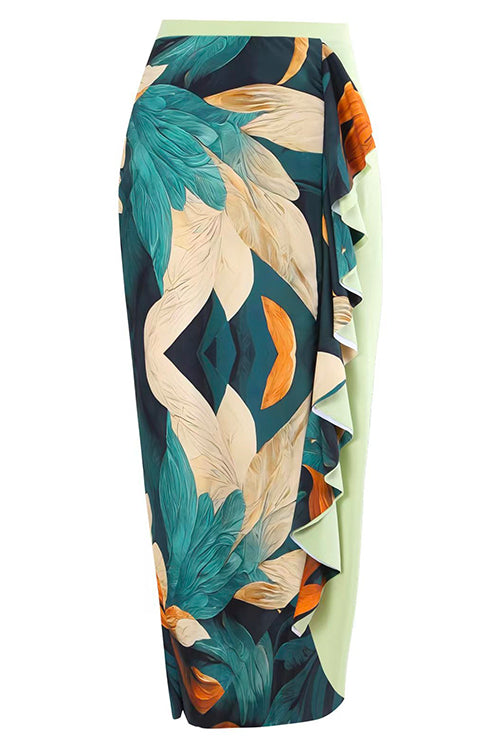 Bow One Shoulder One-piece Swimsuit Ruffle Cover Up Skirt Printed Set Cover up