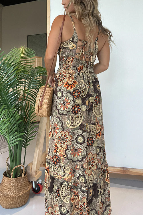 V Neck Back Lace-up Slit Floral Print Maxi Cami Dress