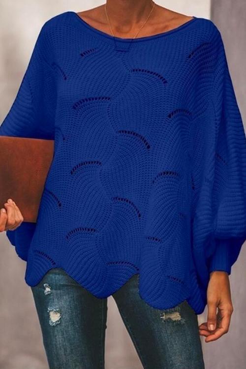 Solid Irregular Hem Lantern Sleeve Knit Sweater DarkBlue