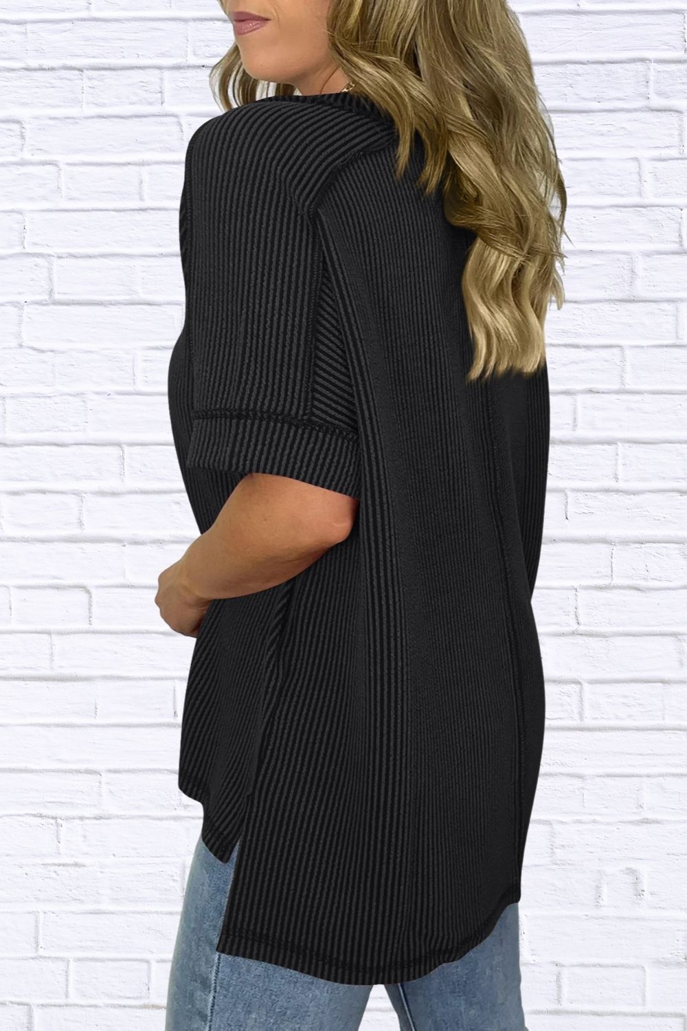Cord Ribbed V-Neck Short Sleeve T-Shirt for Women