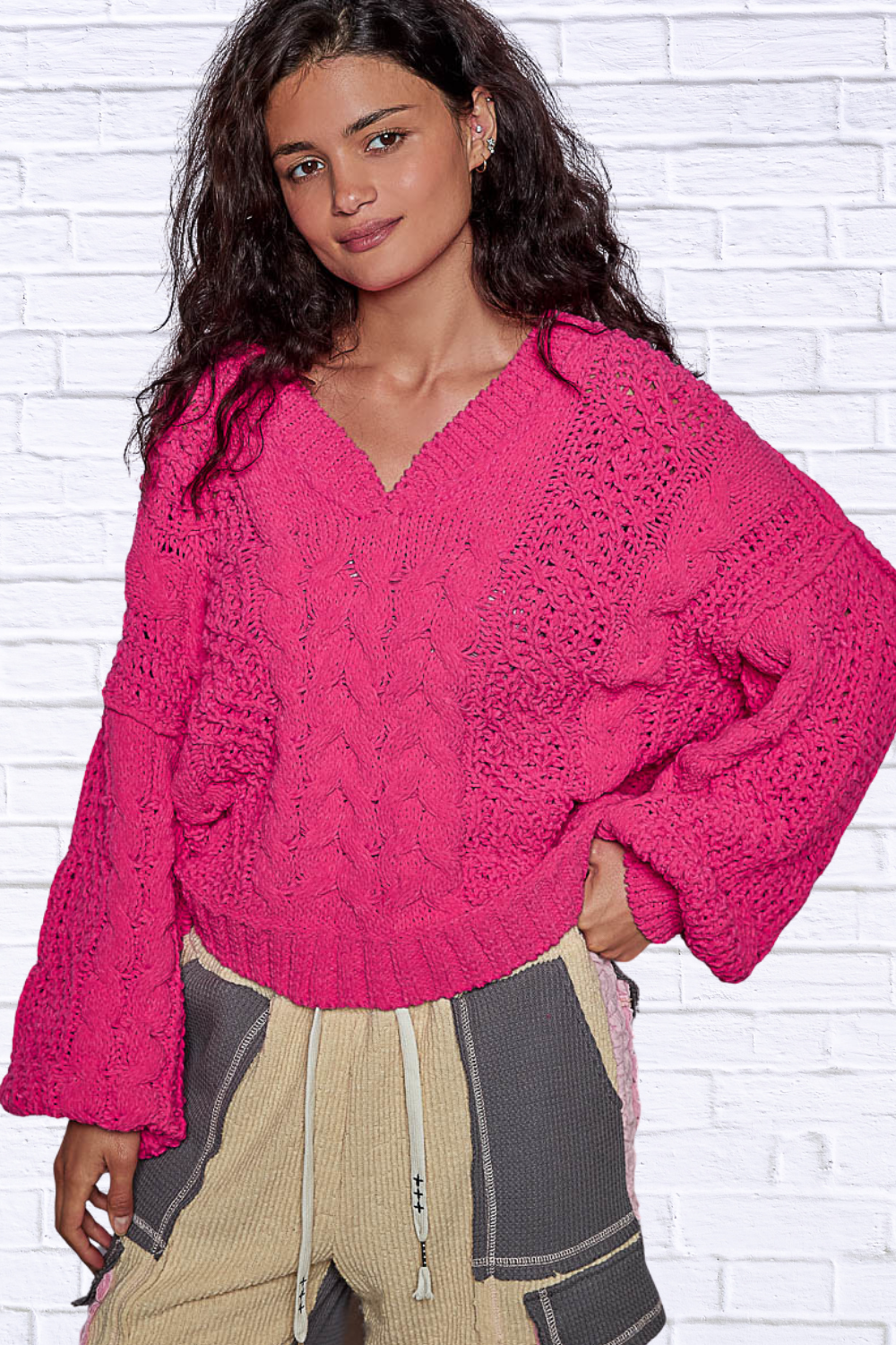 Cable-Knit Solid V-Neck Cropped Sweater