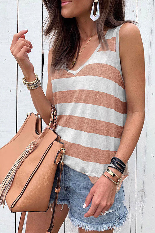V Neck Striped Tank Top Apricot