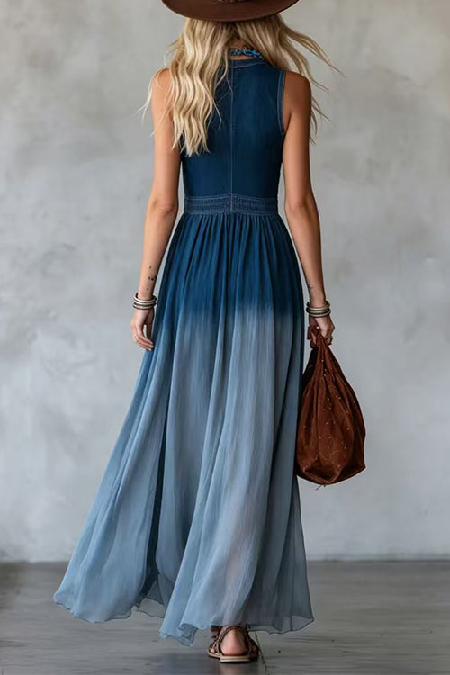 V-neck Denim Patchwork Chiffon Sleeveless Maxi Dress