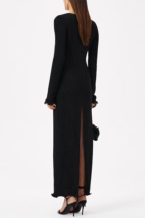 Long Sleeves Back Slit Floral Shirred Maxi Dress