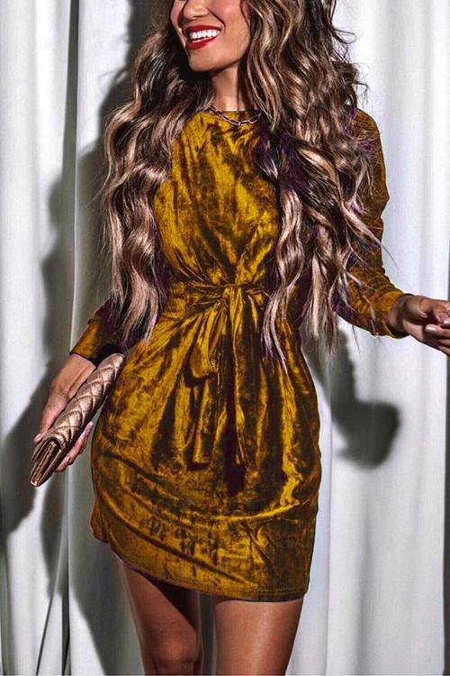 Tie Waist Velvet Holiday Dress(in 4 Colors) Gold