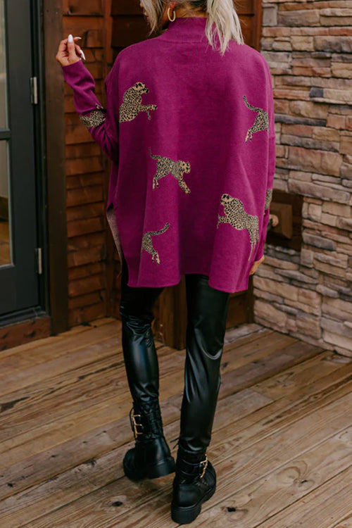 High Neck Side Slit Cheetah Pattern Sweater