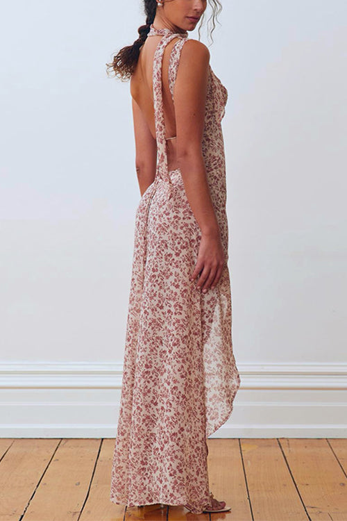 Sleeveless Open Back Slit Floral Print Maxi Flowy Dress