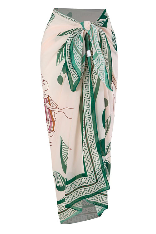 Bow Front One-piece Swimsuit and Printed Wrap Cover Up Skirt Set Cover up OneSize