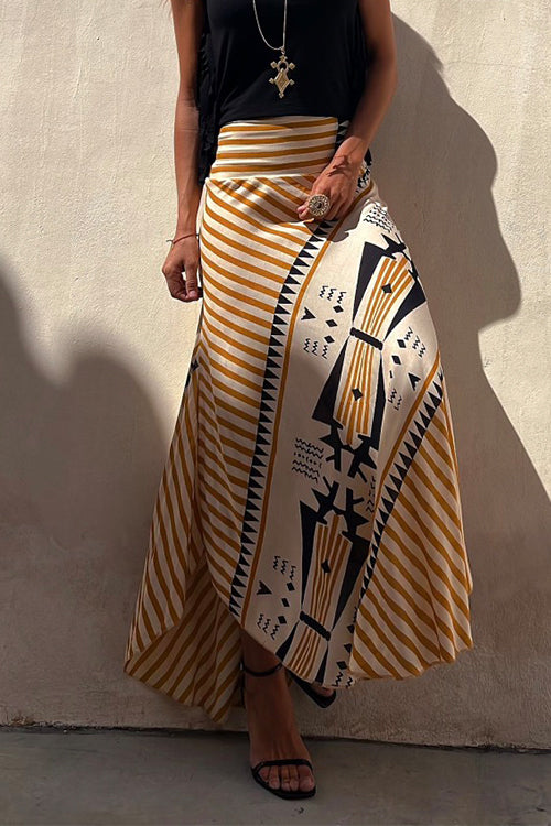 High Waist Stripes Splice Printed Maxi Irregular Skirt