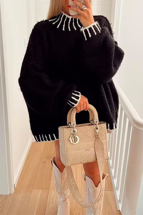 Turtleneck Drop Shoulder Color Block Pullover Sweater Black