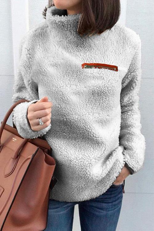 Turtleneck Long Sleeve Zip Fuzzy Pullovers LightGray