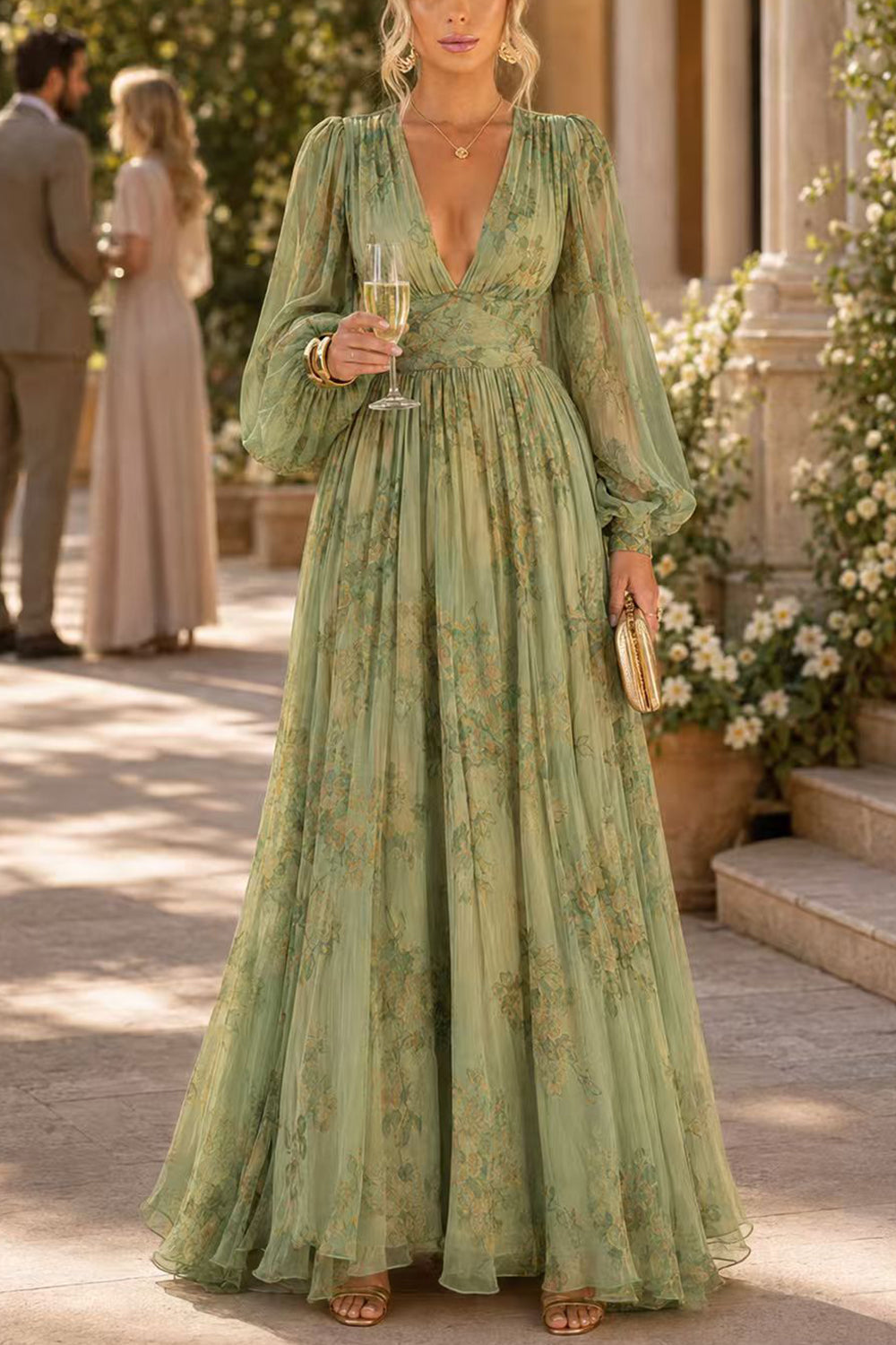 Puff Long Sleeves Waisted Floral Print Maxi Dress