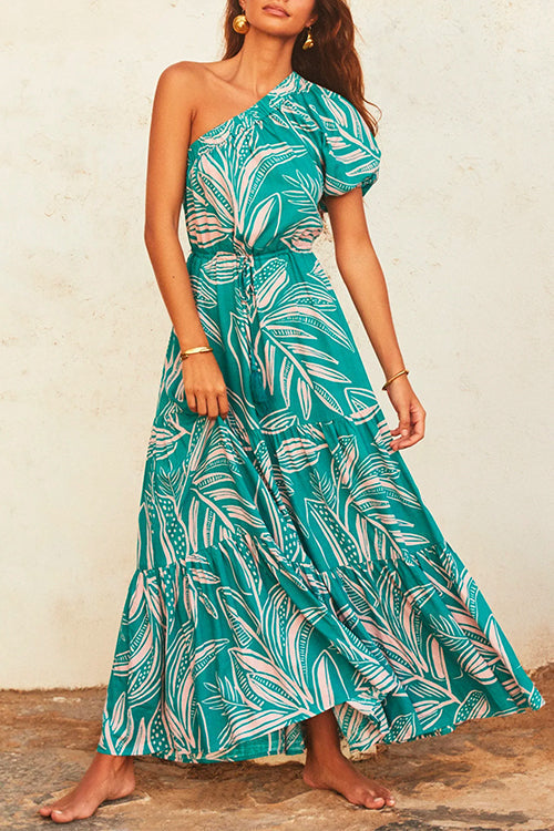 One Shoulder Drawstring Waist Printed Flowy Maxi Dress