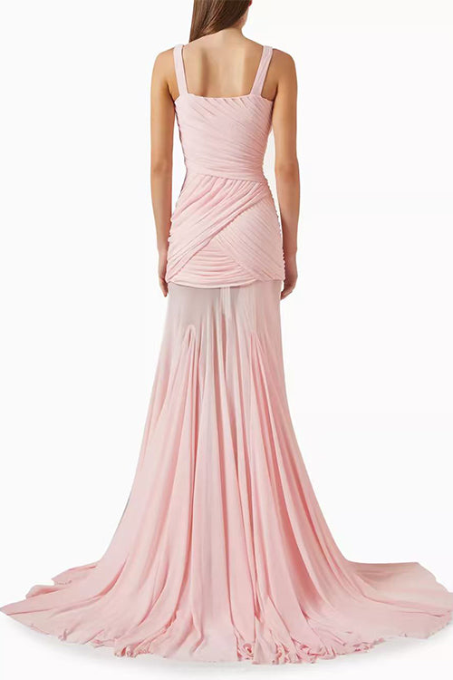 V Neck Sleeveless Splice Ruched Maxi Dress