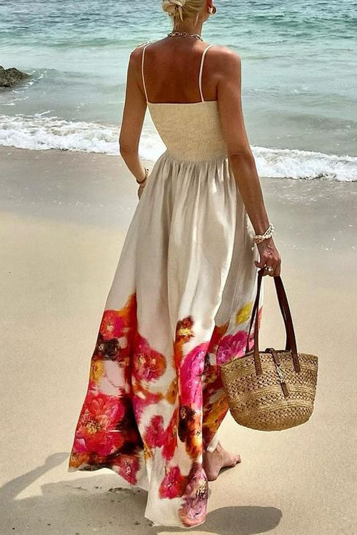 Bow Shoulder Smocked Floral Print Cami Maxi Vacation Dress