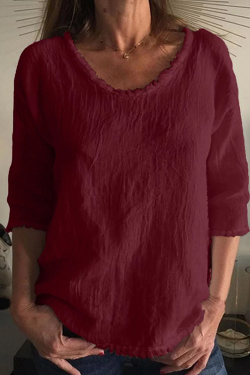 Round Neck 3/4 Sleeves Raw Hem T-shit