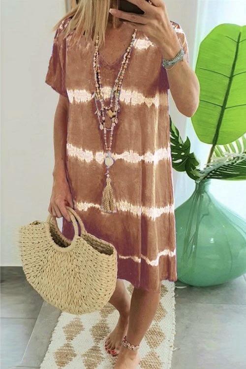 V Neck Short Sleeve Tie Dye Stripes T-shirt Dress Khaki