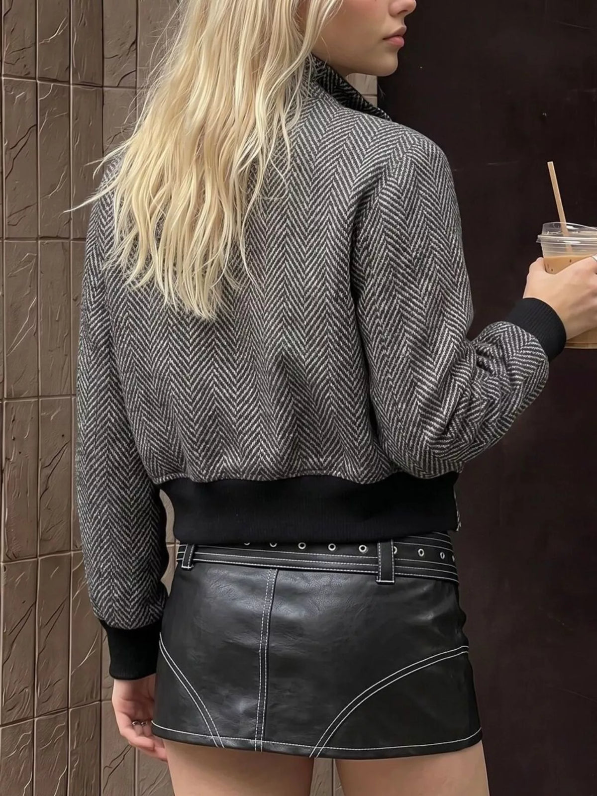 Herringbone Double-Breasted Cropped Outerwear