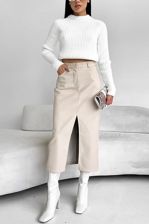 Slit Front Faux Leather Midi Skirt