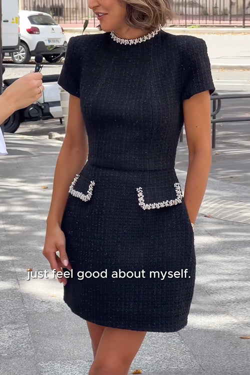 Pearl Trim Short Sleeves Pocketed Tweed Mini Dress