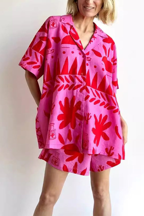Side Split Button Down Shirt Elastic Waist Shorts Printed Summer Set