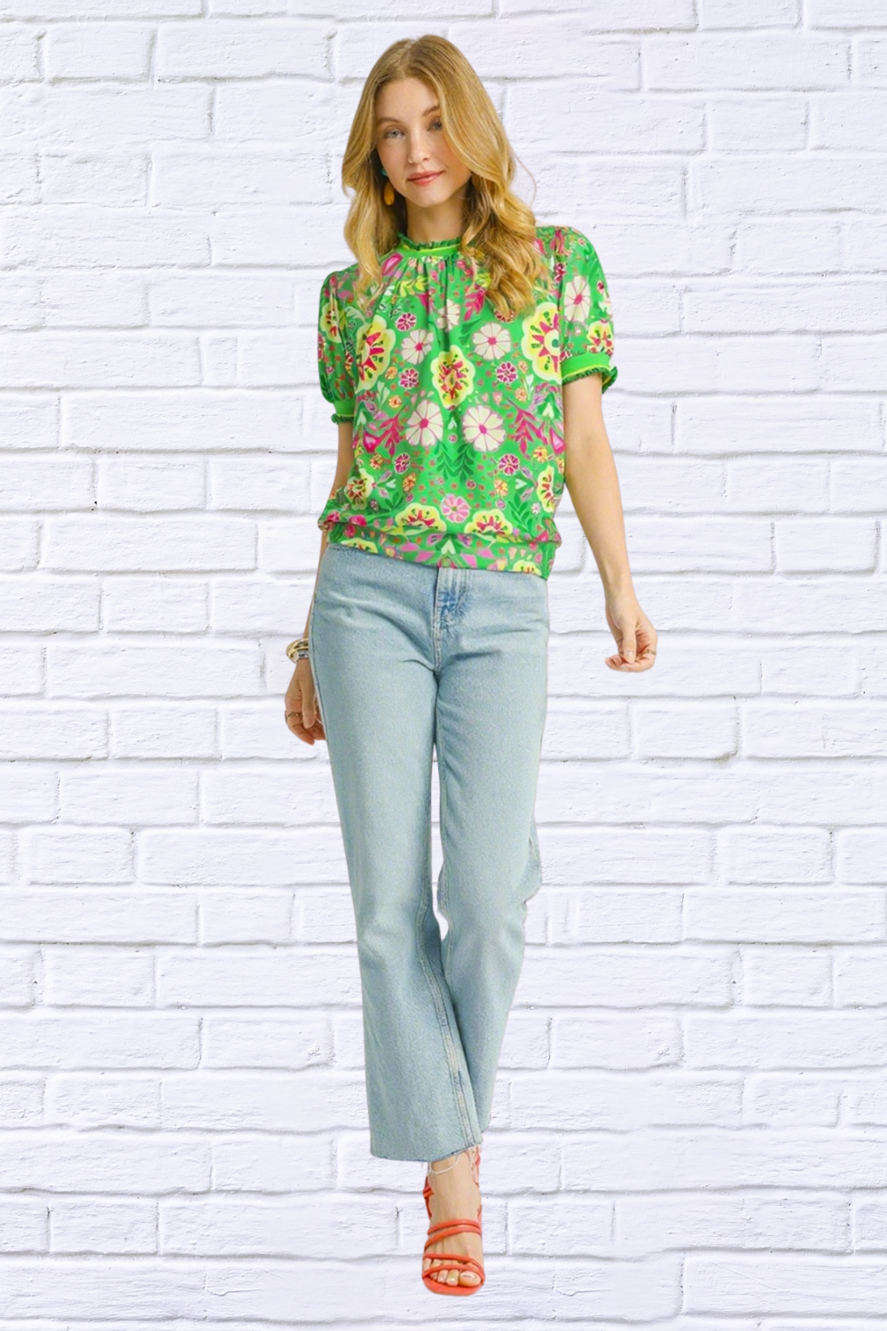 Vibrant Floral Puff Sleeve Blouse – Green