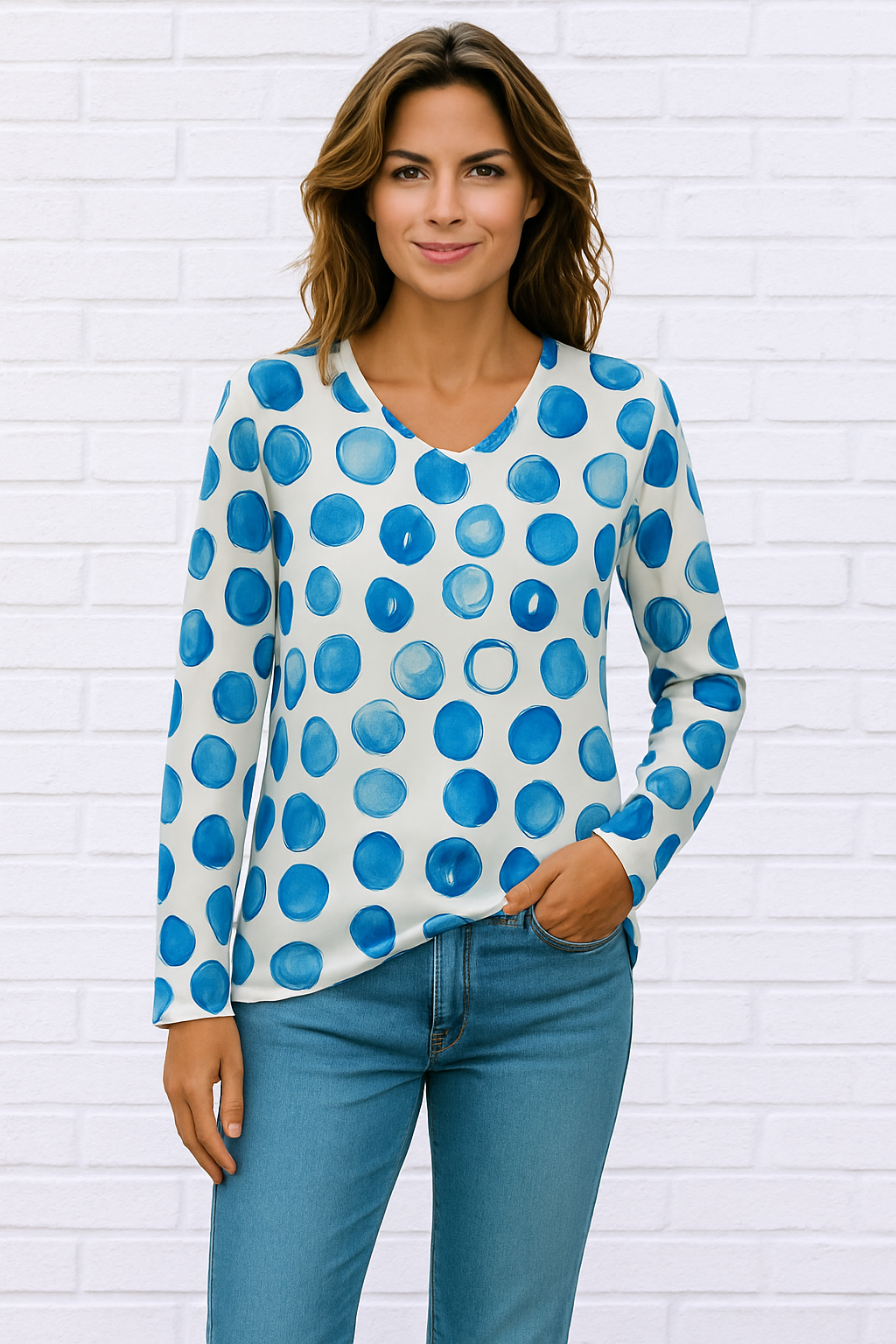 Women's Polka Dot V-Neck Elbow Length Sleeve top