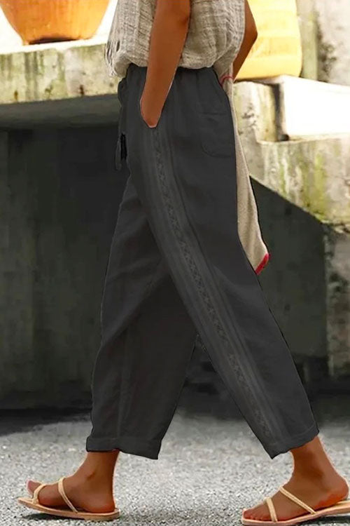Drawstring Elastic Waist Cotton Linen Tapered Pants Black