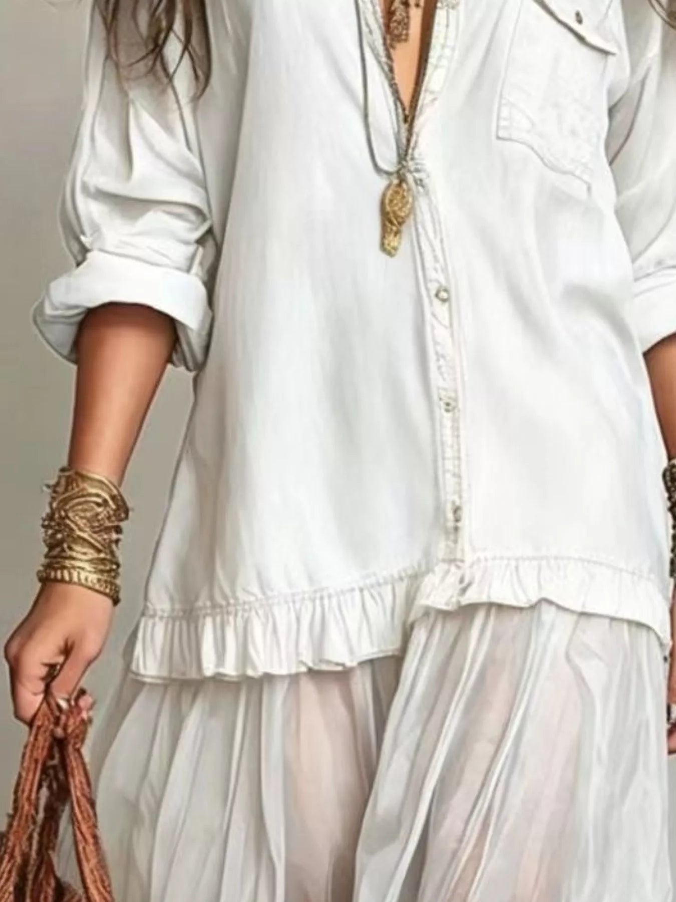 Full Size Tiered Long Sleeve Denim Shirt Maxi Dress Plus Size
