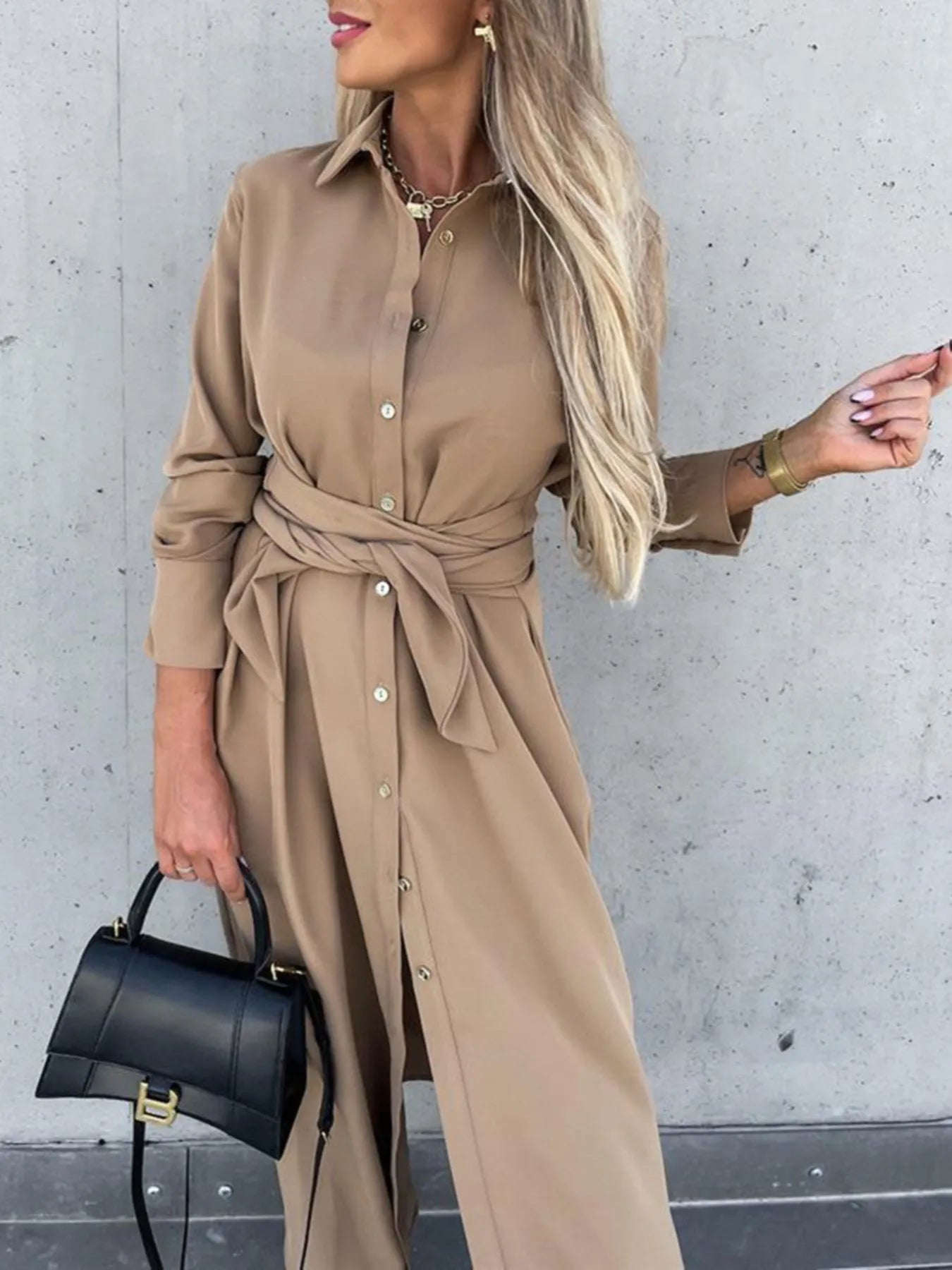 Button Front Long Sleeve Shirt Dress