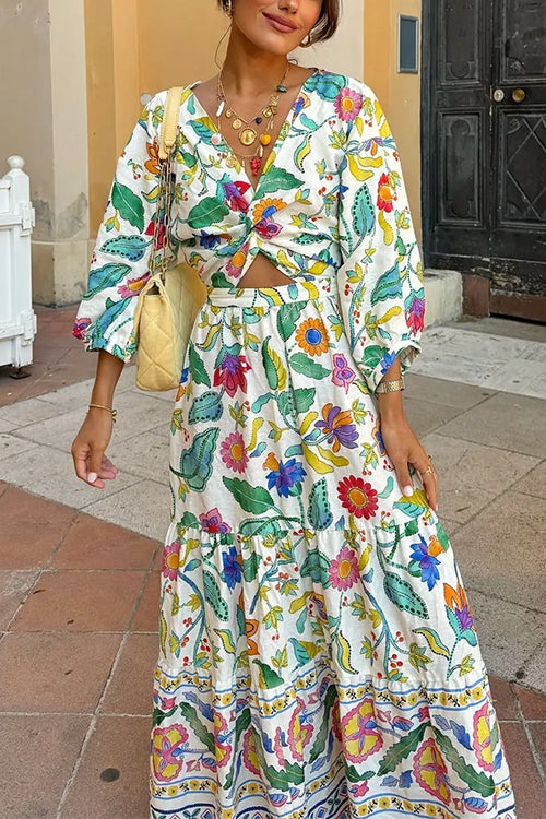 3/4 Sleeves Twist Front Floral Print Tiered Maxi Dress