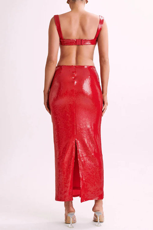 Ärmelloses, figurbetontes Maxi-Partykleid mit offenem Rücken und Pailletten