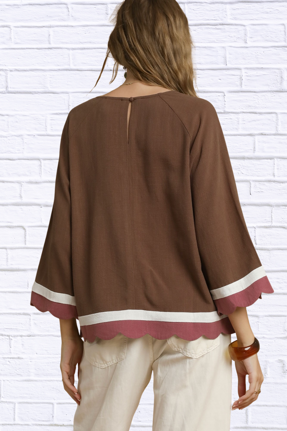 Umgee Scalloped Hem Color Block Top